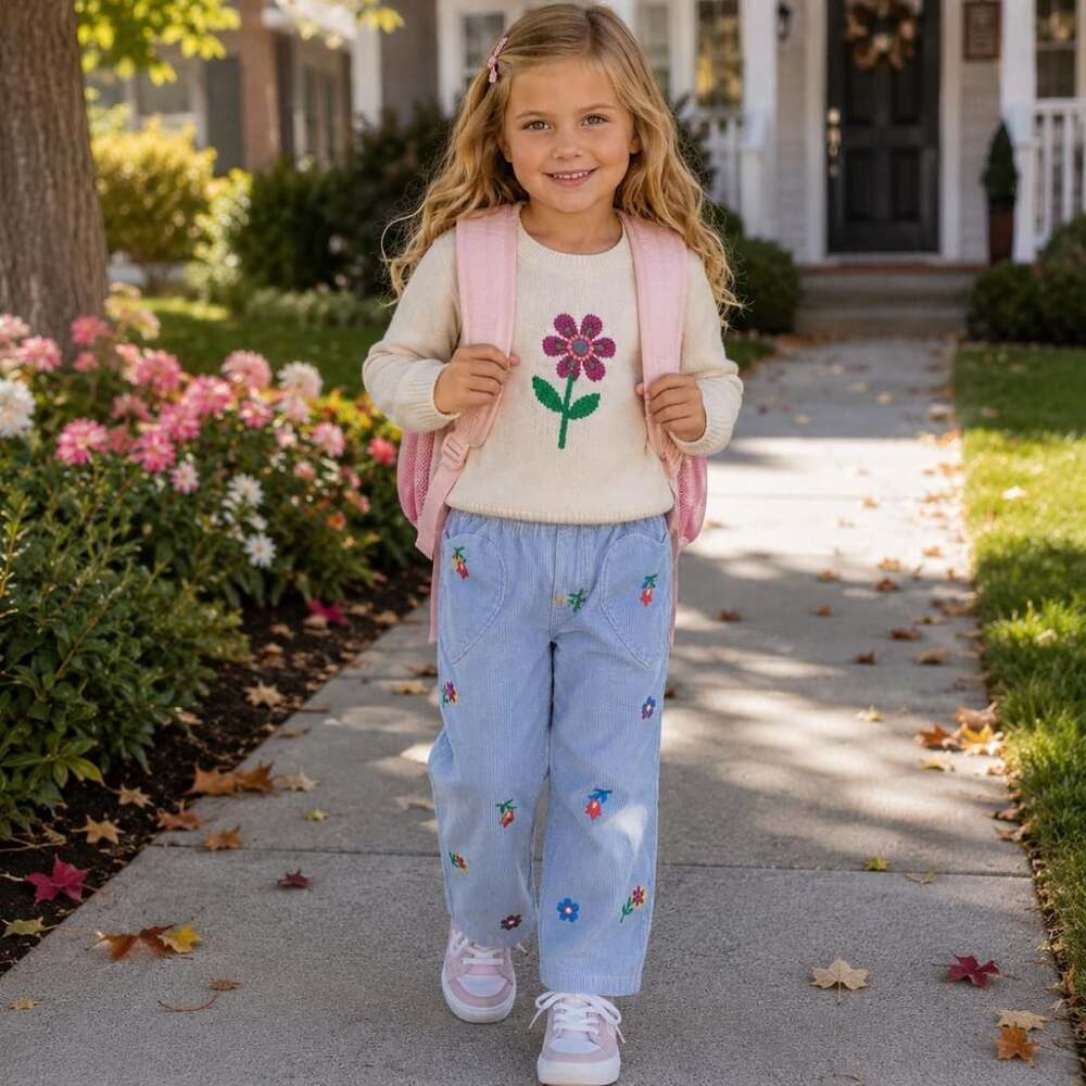Mini Boden Embroidered Floral Corduroy Pants Girls 5Y